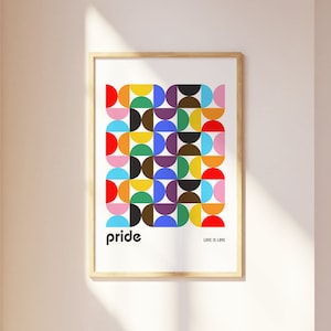 Póster Bauhaus arcoíris retro, decoración con bandera del orgullo, arte mural del orgullo gay, impresión moderna del orgullo, arte sutil del orgullo, decoración del hogar gay