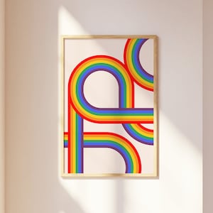 Affiche rétro drapeau arc-en-ciel, impression murale LGBTQ, affiche drapeau de la fierté, décoration Mid-Century, cadeau de pendaison de crémaillère gay, art gay subtil, décoration d'intérieur gay