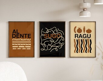 Set of 3 Pasta Prints, Kitchen Digital Downloads, Minimalist Pasta Art, Kitchen Wall Art Printables, Minimal Pasta Al Dente Print