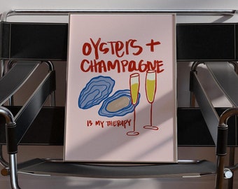 Oyster And Champagne Kitchen Print, Kitchen Doodles, Bar Cart Prints, Happy Hour Wall Prints, Dining Room Art Prints