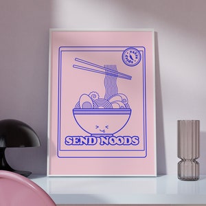Send Noods Ramen Poster, Cute Food Character Wall Print, Noodles Lovers Gift, Retro Japanese Art Print