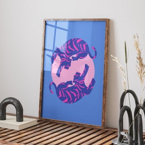 Blue Tiger Wall Print, Trendy Boho Tiger Poster, Blue Pink Eclectic Decor, Colorful Dorm Decor, Tigress Wall Art Print