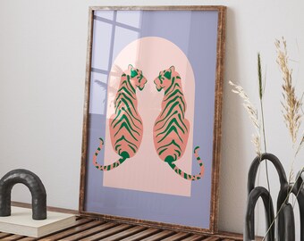 Lámina artística de tigre bohemio: decoración de dormitorio con un toque chic en morado