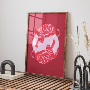 Red Tiger Wall Print Poster, Tiger Moon Poster, Boho Tiger Art, Year of the Tiger, Animal Wall Art, Pink Red Room Decor, Preppy Prints