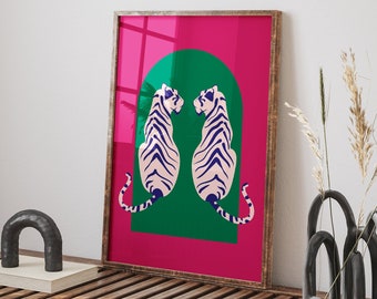 Pink Tiger Wall Print, Boho Tiger Poster, Year of the Tiger, Animal Wall Art, Colourful Aesthetic Wall Decor, Green Pink Preppy Wall Art
