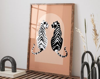 Black White Tiger Poster, Trendy Boho Tiger Print, Tigress Wall Prints Aesthetic, Tan Beige Modern Wall Decor, Tigress Wall Art Print