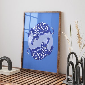 Blue Tiger Poster, Boho Tiger Moon Wall Print, Trendy Tiger Art, Year of the Tiger Print, Animal Wall Art, Blue Dorm Decor, Preppy Prints