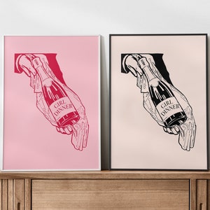 Wydruk kolacji dla dziewczyn, sztuka ścienna z winem, wydruki na wózki barowe, zestaw 2 wydruków cyfrowych, plakat barowy do pobrania natychmiast