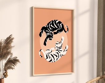 Black and White Tiger Wall Poster, Tiger Wall Print, Boho Tiger Moon Print, Tigress Print, Trendy Wall Decor, Animal Wall Art