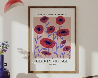 Toronto Neighbourhood Flower Poster, Liberty Village Wall Print, Retro Market Digital Download, King West AirBNB Art, Housewarming Gift