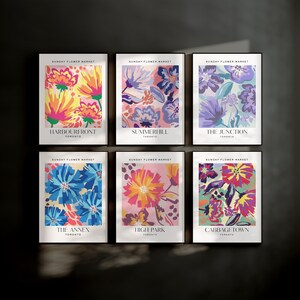 Conjunto de 6 impresiones digitales del mercado de flores de Toronto, conjunto de pared de la galería de flores vintage, descarga botánica colorida, impresiones del vecindario de Toronto