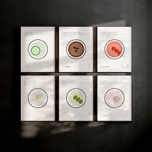 Set van 6 digitale cocktailprints, minimalistische Bar Cart Gallery Wall, Martini Print Set Download, Dirty Martini Espresso Martini Wall Decor