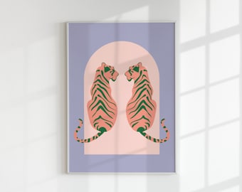 Pink Green Tiger Art Print: Boho Preppy Room Decor (Digital Download)