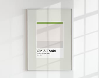 Pode incluir: Uma impressão emoldurada com um design minimalista que apresenta um esquema de cores verde, branco e cinza. O texto "Gin & Tonic" é impresso em preto com os ingredientes "1pt Gin / 3pt Tonic Water Lime Slice" listados abaixo.