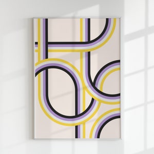 May include: Abstract geometric print with overlapping yellow, purple, and black curved lines on a light pink background.