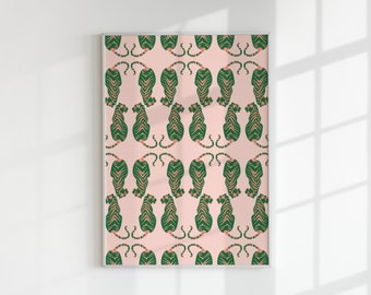 Tiger Pattern Poster, Tiger Wall Art Download, Boho Wall Art Printable, Green Pink Dorm Decor, Matcha Green, Preppy Wall Print Download