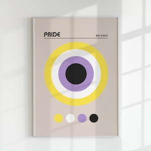 May include: A framed print with the word "PRIDE" and the phrase "NON-BINARY" in black text. The print features a yellow, white, purple, and black circle design.