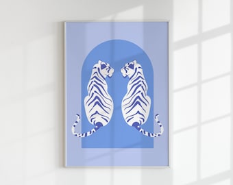Digital Tiger Poster, Boho Tiger Wall Print, Blue Tigress Printable, Digital Blue Wall Decor, Tigress Art Prints, Dorm Decor Download