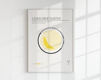 Lemon Drop Cocktail Print, Digital Cocktail Art Download, Martini Poster Printable, Alcohol Prints, Trendy Cocktail Recipe Bar Cart Print