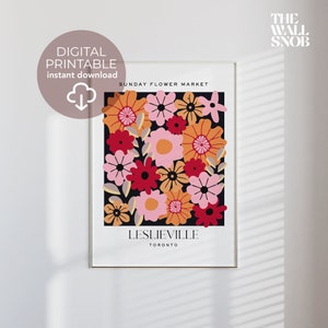 Affiche de quartier du marché aux fleurs de Toronto Leslieville, art botanique rétro imprimable, déco AirBNB de Toronto, cadeau de pendaison de crémaillère