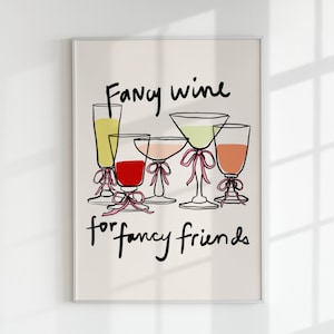 Coquette Happy Hour Wall Print, Preppy Bows Art, Wine Wall Decor, Bar Cart Printable, Kitchen Doodle Digital Prints, Instant Download