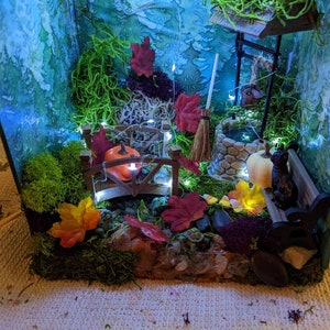 Dual season book nook, autumn book nook, fairy book nook, black cat book nook, witch book nook