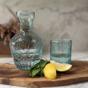 Vintage Style Glass Carafe with Lid & Matching Glass: 750ml Water Pitcher