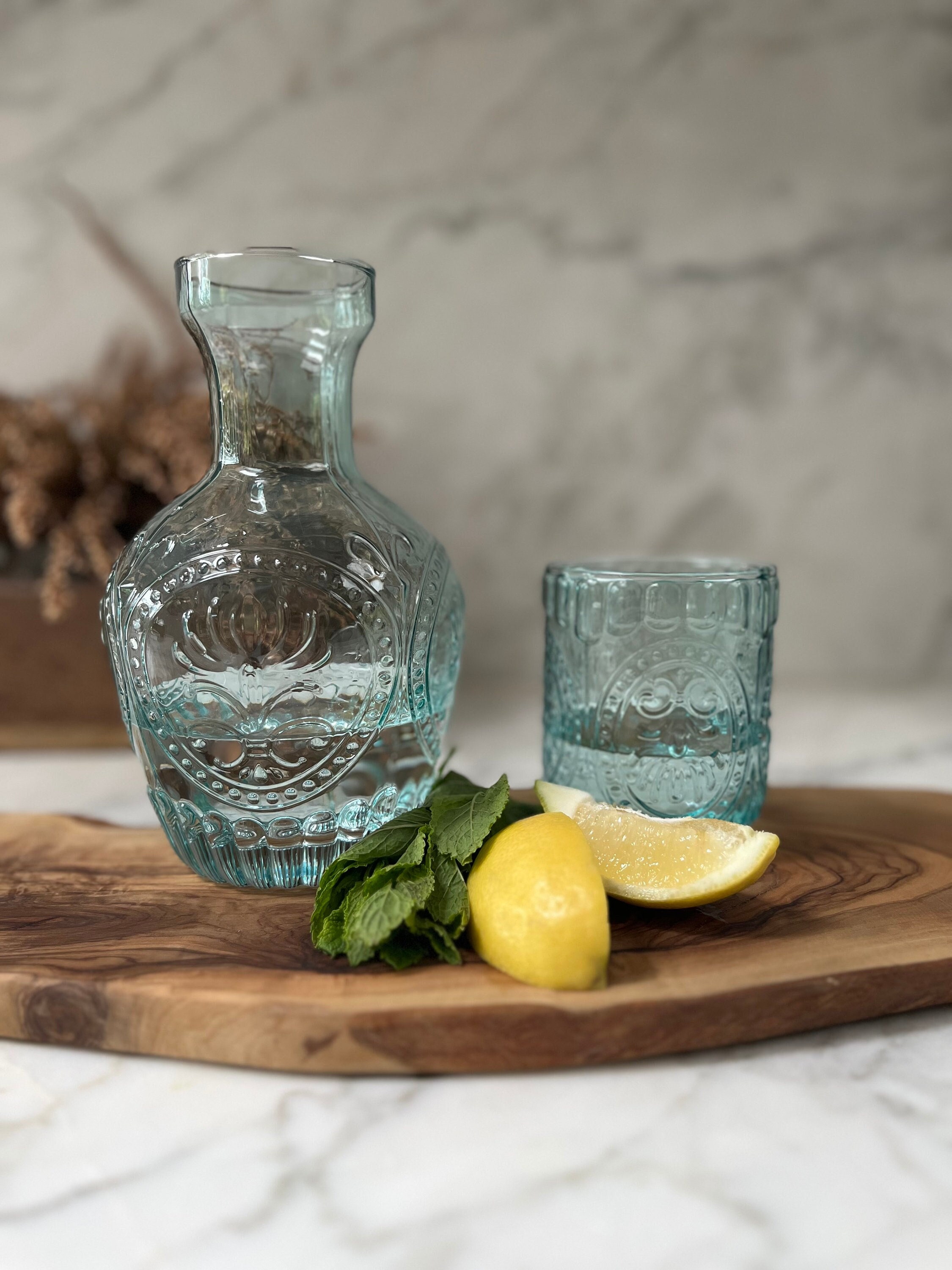 Vintage Style Glass Carafe With Lid & Matching Glass: 750ml Water Pitcher