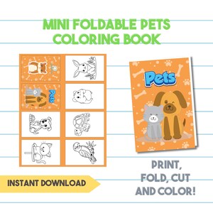 Puede incluir: Un libro para colorear imprimible para niños con una variedad de mascotas, incluyendo un perro, un gato, un conejo, un hámster, una tortuga y un loro. El libro está diseñado para ser doblado y recortado, lo que lo convierte en una actividad divertida e interactiva para los niños.