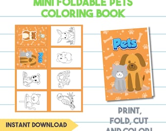 May include: A printable coloring book for kids featuring a variety of pets, including a dog, cat, rabbit, hamster, turtle, and parrot. The book is designed to be folded and cut out, making it a fun and interactive activity for children.