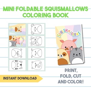 Könnte beinhalten: Ein druckbares Malbuch mit Squishmallows-Charakteren. Das Cover zeigt ein rosa Schwein, einen braunen Hund und eine graue Katze. Die Innenseiten haben Umrisse verschiedener Squishmallows-Charaktere zum Ausmalen. Der Text "SOU SHMALLOWS" steht auf dem Cover. Der Text "DRUCKEN, FALTEN, SCHNEIDEN UND FARBEN!" steht unten auf der Seite. Der Text "INSTANT DOWNLOAD" steht unten auf der Seite.