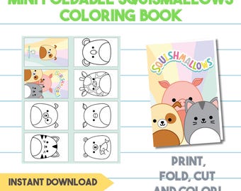 Peut inclure: Un livre de coloriage imprimable mettant en scène des personnages Squishmallows. La couverture montre un cochon rose, un chien brun et un chat gris. Les pages intérieures présentent des contours de différents personnages Squishmallows à colorier. Le texte "SOU SHMALLOWS" est sur la couverture. Le texte "IMPRIMER, PLIER, COUPER ET COLORIER !" est en bas de la page. Le texte "TÉLÉCHARGEMENT INSTANTANÉ" est en bas de la page.