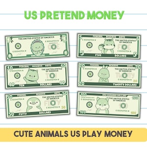 Puede incluir: Conjunto de seis billetes de juego con ilustraciones de animales adorables. Los billetes son verdes y blancos con el texto "The United States of America" y denominaciones de $1, $5, $10, $20, $50 y $100.
