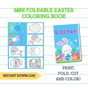 Puede incluir: Un libro para colorear de Pascua imprimible con un conejito sosteniendo un huevo. El libro tiene una portada azul con la palabra "Pascua" en letras rosas. El libro está diseñado para ser doblado, cortado y coloreado.