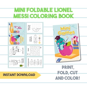 Puede incluir: Un mini libro para colorear titulado "Mini Foldable Lionel Messi Coloring Book". La portada presenta un gusano de dibujos animados con un gorro de graduación sobre una manzana. El libro incluye varias actividades como laberintos y unir los puntos.