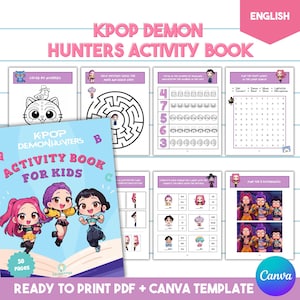 Puede incluir: Un libro de actividades colorido llamado "KPOP DEMON HUNTERS ACTIVITY BOOK FOR KIDS" con 50 páginas. La portada presenta personajes de dibujos animados. Contiene actividades como laberintos, colorear por números y búsquedas de palabras. Es un PDF listo para imprimir.