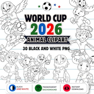 Pack de 30 mascottes de football en noir et blanc (PNG) | Fond transparent | Coloriages | Usage commercial autorisé