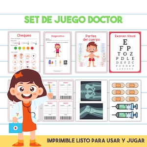 Puede incluir: Un set de juego de doctor imprimible en español. El set incluye una lista de verificación del médico, una hoja de diagnóstico, un gráfico de partes del cuerpo, una tabla de ojos y una caja registradora. El set también incluye imágenes de rayos X, vendas y jeringas.