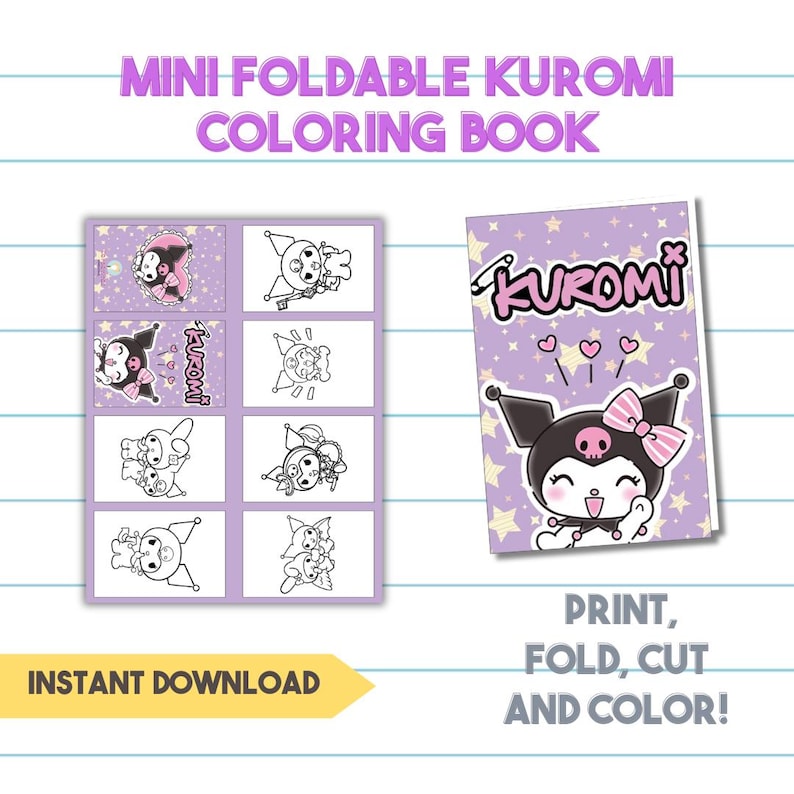 Peut inclure: Un livre de coloriage imprimable mettant en sc&egrave;ne Kuromi, un personnage Hello Kitty noir et rose. Le livre est con&ccedil;u pour &ecirc;tre pli&eacute;, d&eacute;coup&eacute; et colori&eacute;. La couverture pr&eacute;sente Kuromi avec un n&oelig;ud rose et un cr&acirc;ne sur la t&ecirc;te. Le texte "Kuromi" est &eacute;crit en lettres roses sur la couverture.