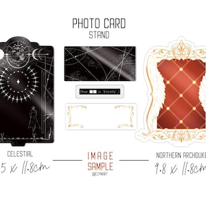 May include: Three photo card stands with different designs. The first is black with a celestial design and the text "Your is 'Eternity'" at the bottom. The second is a blank white card with a gold border. The third is a gold frame with a red and gold interior and the text "Northern Archduke". The dimensions of the cards are listed below each.