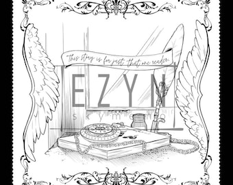 May include: A black and white illustration of a book, a quill pen, a pocket watch, and a bottle. The book is open and has a chain attached to it. The quill pen is resting on the book. The pocket watch is lying on the book. The bottle is standing on the book. The illustration is framed with a decorative border. The text "This story is for just that one reader." is written on a ribbon above the book.
