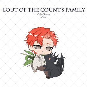May include: A red-haired anime character with a black dragon, sitting on a green plant. The character is wearing a white shirt and brown pants. The text "Cale Charm ~5cm" is above the character.