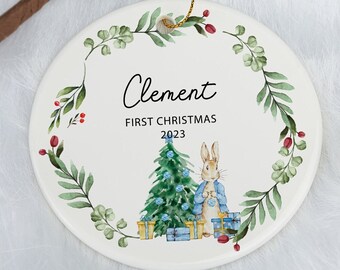 Première décoration de Noël de bébé, décoration personnalisée pour le premier Noël de bébé, boule de Noël pour bébé garçon, cadeau de Noël Pierre-lapin pour bébé