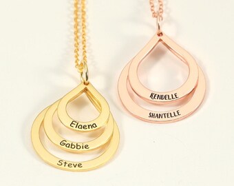 Personalized Mother's Necklace With Kids Name,Gold Family Name Necklace,Engraved Drop Shaped Necklace,3 Names Necklace,Birthday Gift for Mom