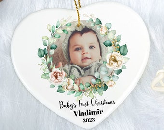 Premier ornement photo de Noël personnalisé pour bébé, décoration de Noël pour bébé, ornement de cœur photo pour bébé, boule de Noël pour bébé, cadeau de Noël