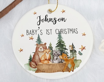Gepersonaliseerde baby's eerste kerstornament met naam, kerstbal met bosdieren, baby-kerstdecoratie, kerstcadeau voor pasgeborenen