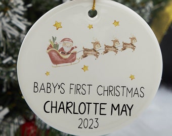 Decorazione natalizia personalizzata per il primo bambino, Primo ornamento natalizio del bambino, Pallina di Natale carina per bambini, Babbo Natale con renna, Regalo di Natale per bambini