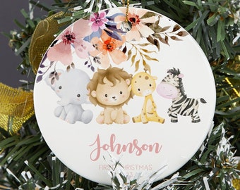 Custom Baby's First Christmas Jungle Animal Ornament, Baby First Christmas Ornament, New Baby Christmas Decoration, Baby Christmas Bauble