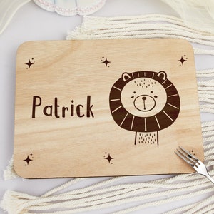 Personalized Lion Breakfast Board, Kids Breakfast Board With Name & Animal, Engraved Wooden Board, Baby Boy Breakfast Board, Birthday Gifts image 1