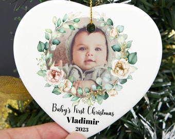 Ornement photo personnalisé du premier Noël de bébé, boule de Noël personnalisée pour bébé, ornement de cœur photo de bébé, décoration de 1er Noël de bébé